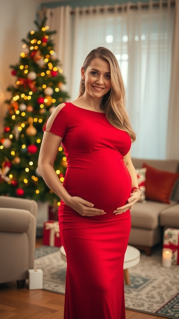 Pregnant woman in a red maternity dress in a decorated living room for Christmas.